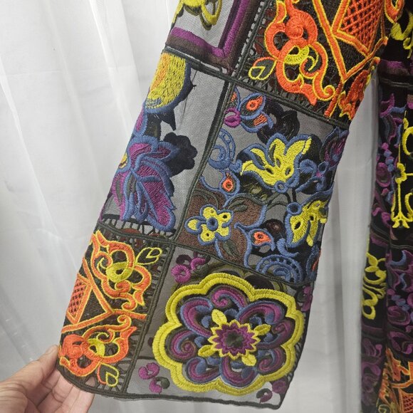 Rara Avis by Iris Apfel Kaftan Dress Maxi Embroidered Mesh Artsy Black Orange 1X - Picture 3 of 15